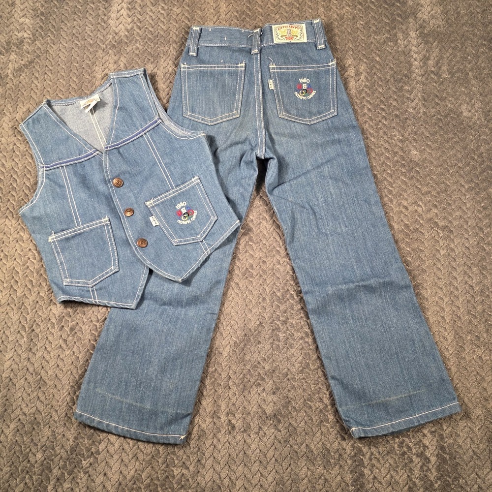 Vintage Little Levis 1980 USA Olympic Games Denim‎ Outfit Set Jeans Vest Youth 6